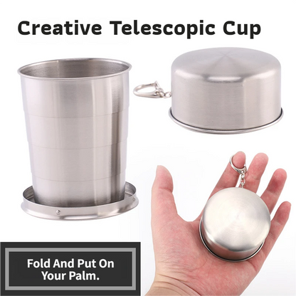 3-Capacity Gold Stainless Steel Collapsible Travel Cup Set(75ml + 150ml + 250ml) - Compact Telescopic Drinking Cup with Keychain & Dust-Proof Lid for Outdoor Hiking and Camping