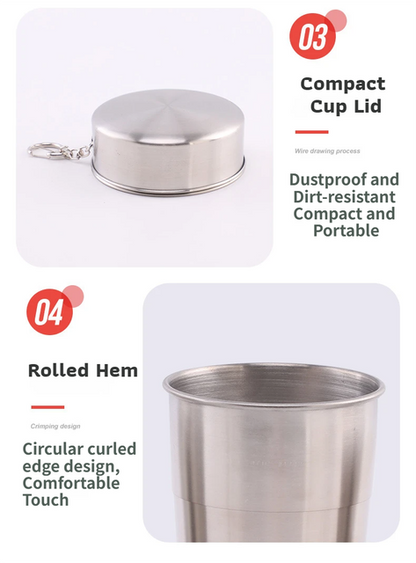 3-Capacity Gold Stainless Steel Collapsible Travel Cup Set(75ml + 150ml + 250ml) - Compact Telescopic Drinking Cup with Keychain & Dust-Proof Lid for Outdoor Hiking and Camping
