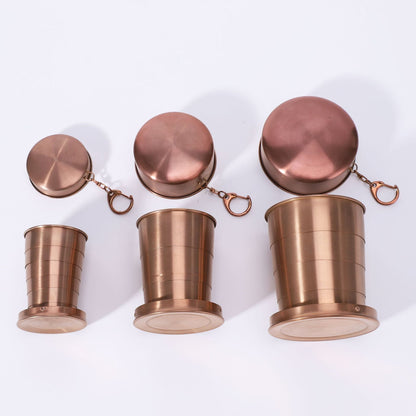 3-Capacity Bronze Stainless Steel Collapsible Travel Cup Set(75ml + 150ml + 250ml) - Compact Telescopic Drinking Cup with Keychain & Dust-Proof Lid for Outdoor Hiking and Camping