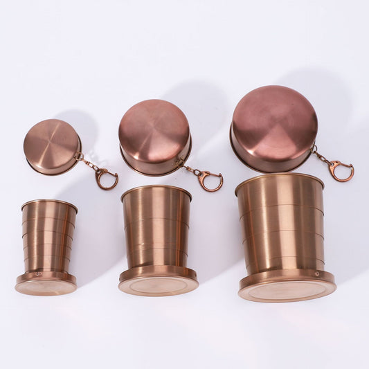 3-Capacity Bronze Stainless Steel Collapsible Travel Cup Set(75ml + 150ml + 250ml) - Compact Telescopic Drinking Cup with Keychain & Dust-Proof Lid for Outdoor Hiking and Camping