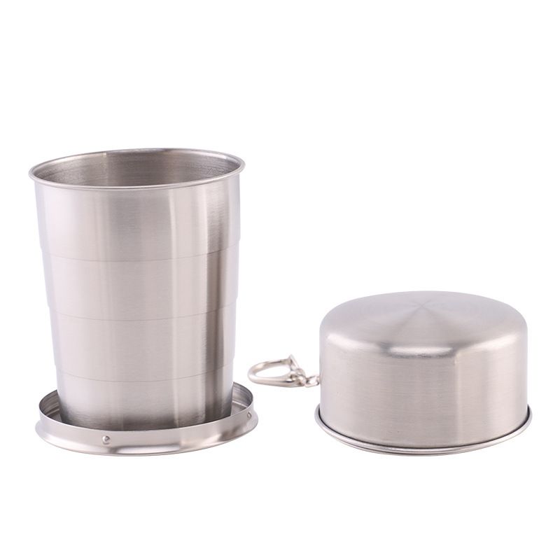 250ML Silver Stainless Steel 4-Section Telescopic Travel Cup with Keychain & Dust-Proof Lid for Outdoor Hiking and Camping
