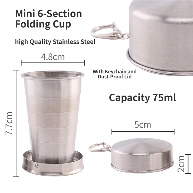 75ML Silver Stainless Steel 6-Section Telescopic Travel Cup with Keychain & Dust-Proof Lid for Outdoor Hiking and Camping