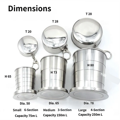 75ML Silver Stainless Steel 6-Section Telescopic Travel Cup with Keychain & Dust-Proof Lid for Outdoor Hiking and Camping
