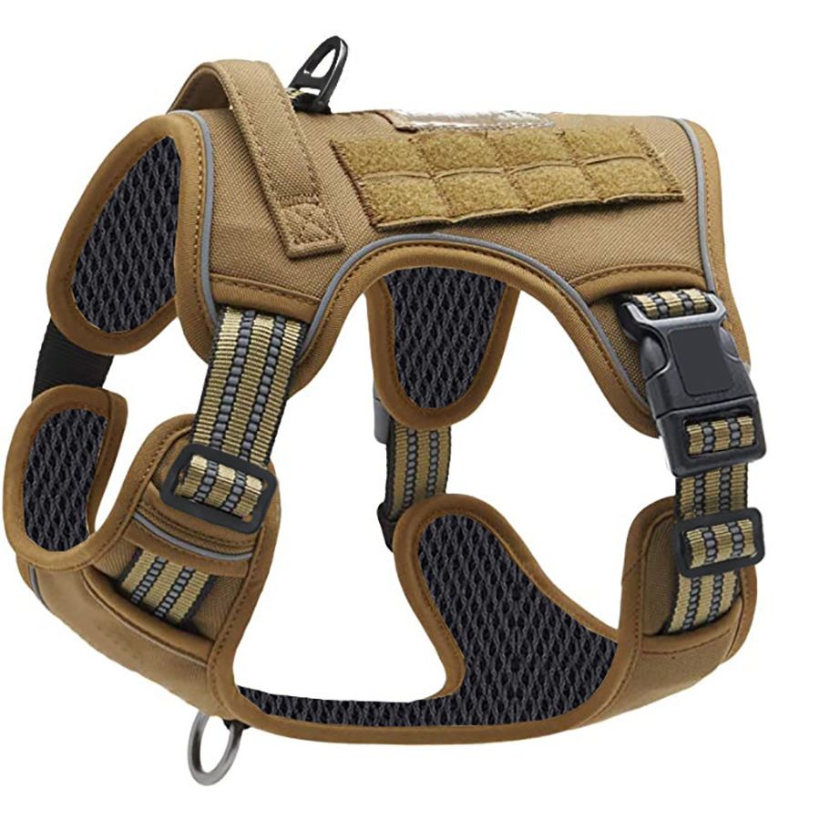 Khaki Professional Adjustable Tactical Dog Mesh Harness - Reflective No-Pull Pet Vest with Control Handle (S Size for Weight 18-35 lbs)