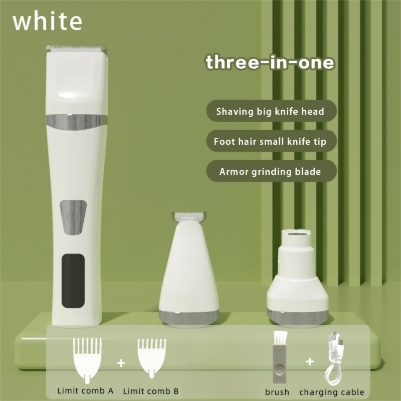 White Professional 3-in-1 Pet Grooming Kit - Low-Noise Rechargeable Dog Hair Trimmer & Nail Grinder for Paws, Eyes, and Body