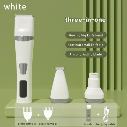White Professional 3-in-1 Pet Grooming Kit - Low-Noise Rechargeable Dog Hair Trimmer & Nail Grinder for Paws, Eyes, and Body