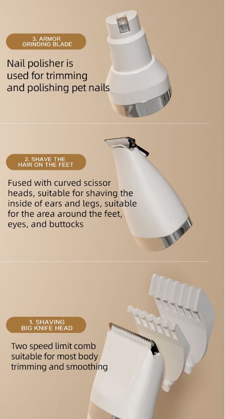 White Professional 3-in-1 Pet Grooming Kit - Low-Noise Rechargeable Dog Hair Trimmer & Nail Grinder for Paws, Eyes, and Body