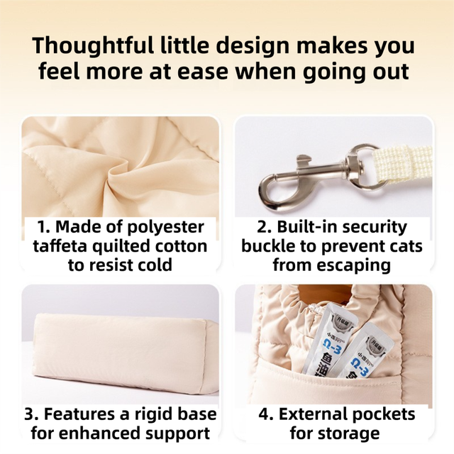 Beige Foldable Insulated Quilted Pet Shoulder Bag with Adjustable Peep Hole & Safety Buckle - Thickened Warm Travel Tote for Small Dogs & Cats Within 5.7KG