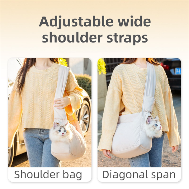 Beige Foldable Insulated Quilted Pet Shoulder Bag with Adjustable Peep Hole & Safety Buckle - Thickened Warm Travel Tote for Small Dogs & Cats Within 5.7KG