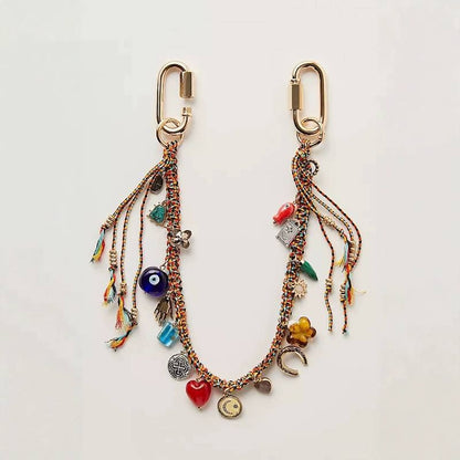 #4526 Bohemian Vintage Metal Keychain Lipstick Holder & Mirror - Handcrafted Lucky Ethnic Bag Charm & Mother's Day Gift
