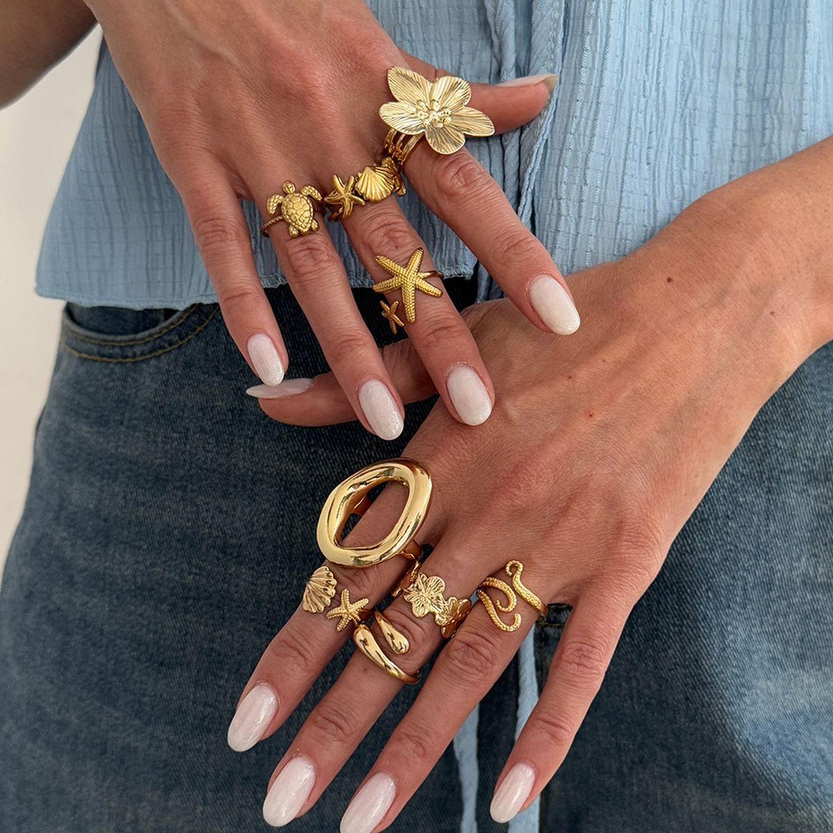 9-Piece Pale Gold Ocean-Inspired Stackable Ring Set - Metal Sea Turtle Starfish Floral Adjustable Open Finger Jewelry for Women