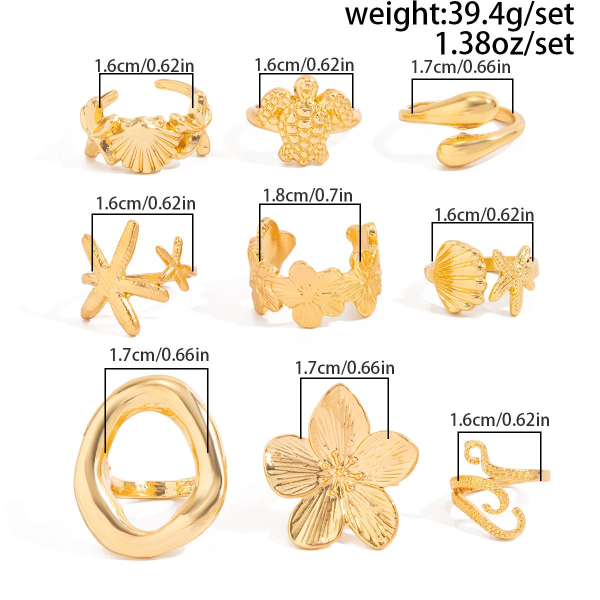 9-Piece Pale Gold Ocean-Inspired Stackable Ring Set - Metal Sea Turtle Starfish Floral Adjustable Open Finger Jewelry for Women
