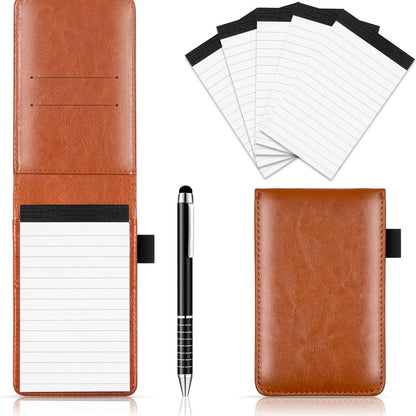 7-Piece Brown Business A7 Pocket Notebook Set - Premium PU Leather Memo Pad, 5 Memo Replacement Refills & 2-in-1 Metal Stylus Pen