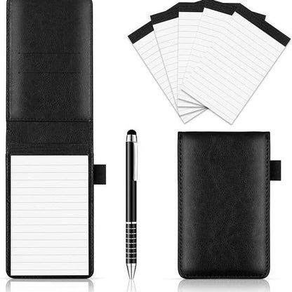 7-Piece Black Business A7 Pocket Notebook Set - Premium PU Leather Memo Pad, 5 Memo Replacement Refills & 2-in-1 Metal Stylus Pen
