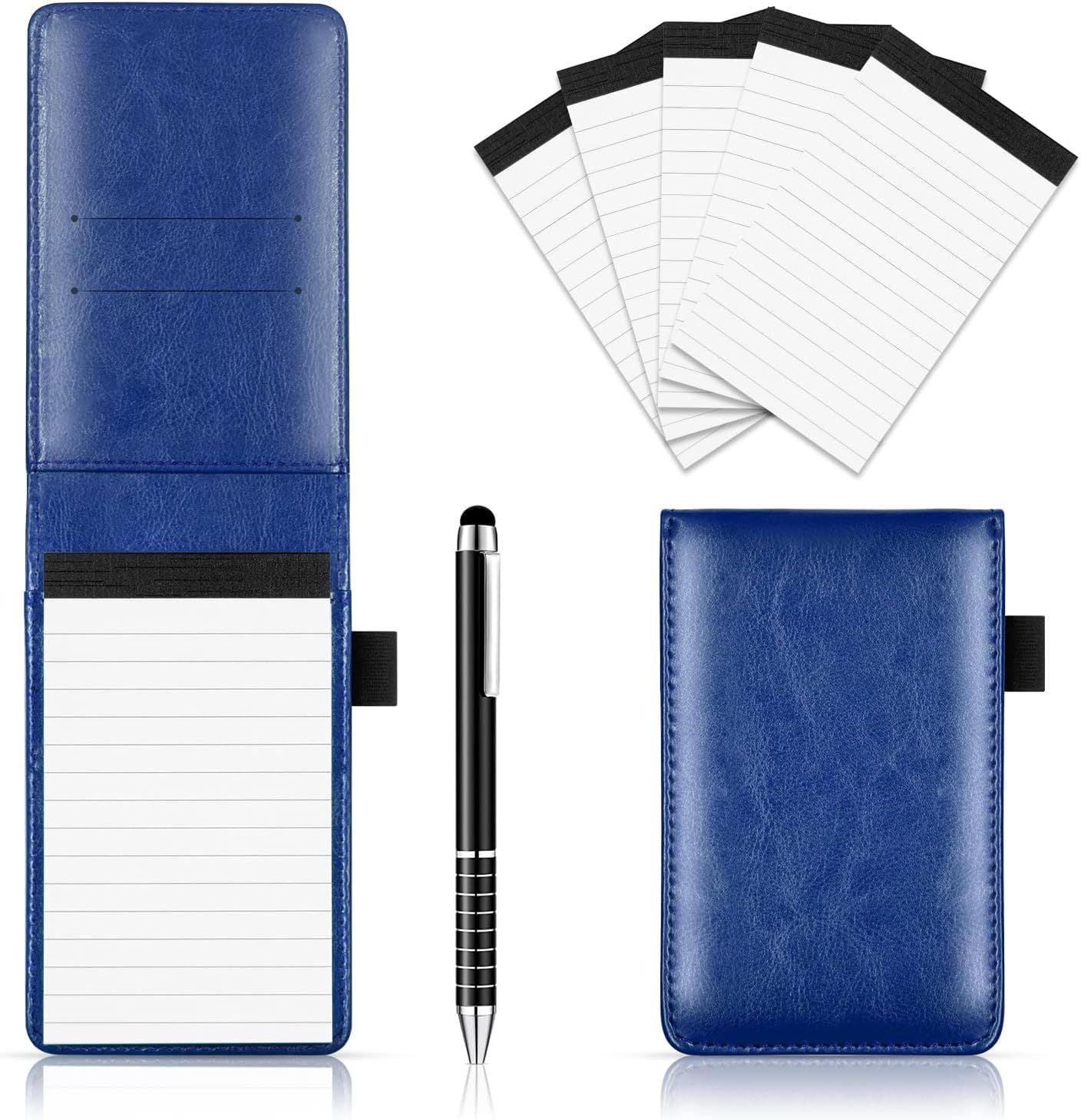 7-Piece Blue Business A7 Pocket Notebook Set - Premium PU Leather Memo Pad, 5 Memo Replacement Refills & 2-in-1 Metal Stylus Pen