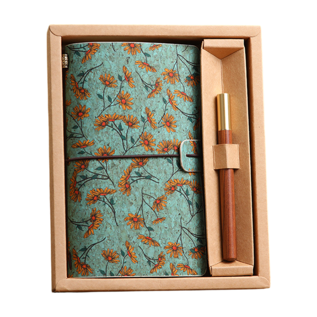 Wild Rose Retro A6 Travelers Leather Notebook & Wooden Pen Gift Box - Floral Botanical Loose-Leaf Journal with Bronze Charm, Kraft Paper and Lined Paper