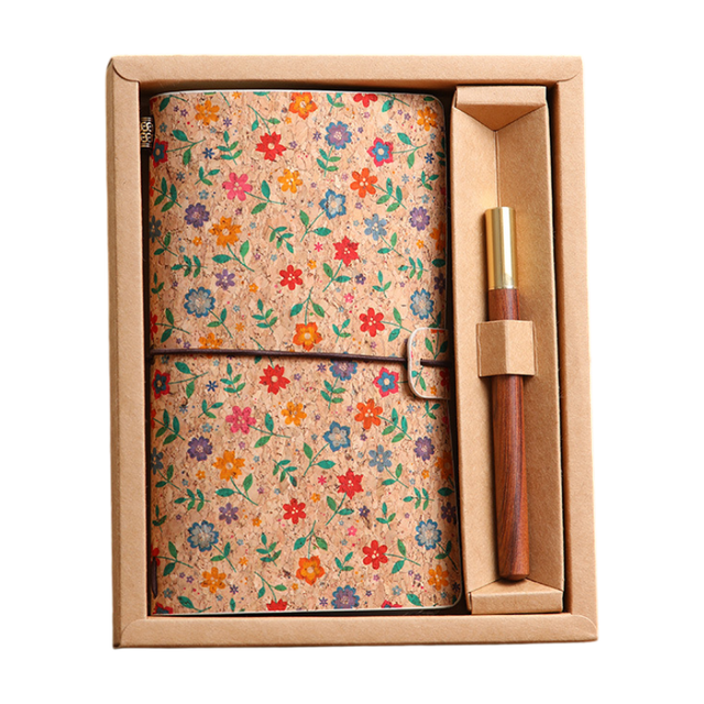 Mini Rose Retro A6 Travelers Leather Notebook & Wooden Pen Gift Box - Floral Botanical Loose-Leaf Journal with Bronze Charm, Kraft Paper and Lined Paper