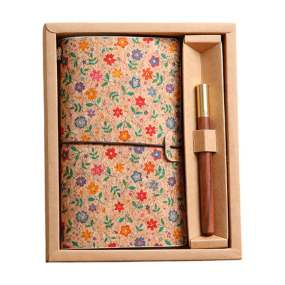 Mini Rose Retro A6 Travelers Leather Notebook & Wooden Pen Gift Box - Floral Botanical Loose-Leaf Journal with Bronze Charm, Kraft Paper and Lined Paper