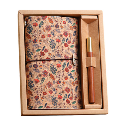 Ivy Retro A6 Travelers Leather Notebook & Wooden Pen Gift Box - Floral Botanical Loose-Leaf Journal with Bronze Charm, Kraft Paper and Lined Paper