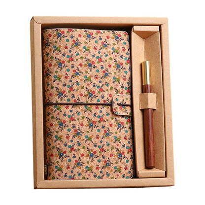 Forest Floral Retro A6 Travelers Leather Notebook & Wooden Pen Gift Box - Floral Botanical Loose-Leaf Journal with Bronze Charm, Kraft Paper and Lined Paper