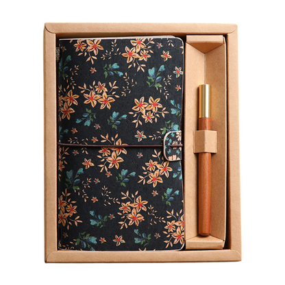 Calendula Retro A6 Travelers Leather Notebook & Wooden Pen Gift Box - Floral Botanical Loose-Leaf Journal with Bronze Charm, Kraft Paper and Lined Paper