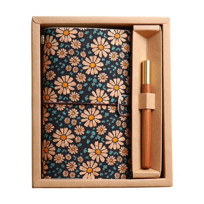Cornflower Retro A6 Travelers Leather Notebook & Wooden Pen Gift Box - Floral Botanical Loose-Leaf Journal with Bronze Charm, Kraft Paper and Lined Paper