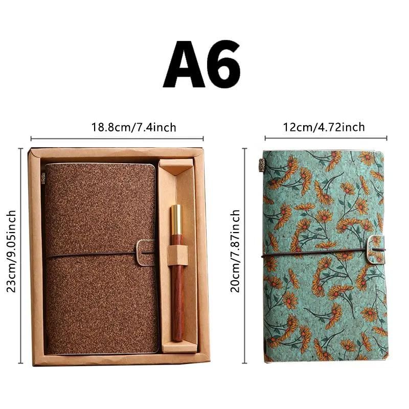 Cornflower Retro A6 Travelers Leather Notebook & Wooden Pen Gift Box - Floral Botanical Loose-Leaf Journal with Bronze Charm, Kraft Paper and Lined Paper