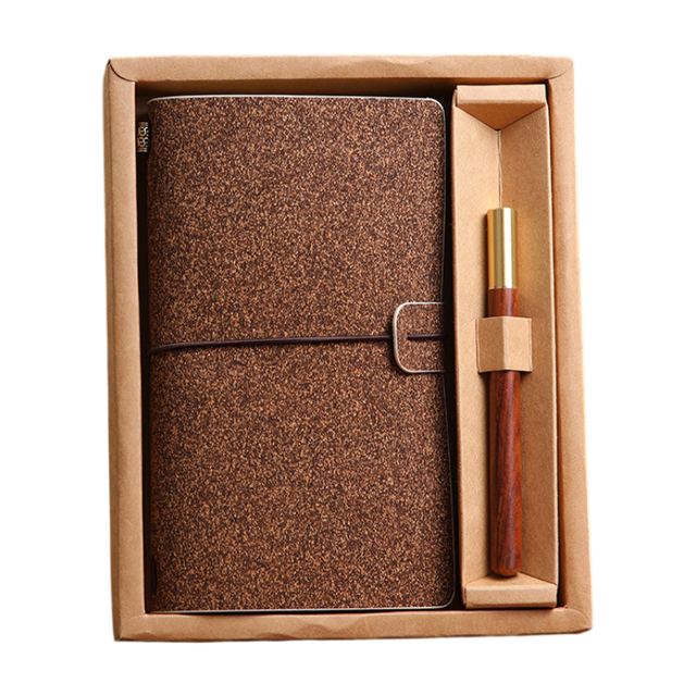 Shiny Brown Retro A6 Travelers Leather Notebook & Wooden Pen Gift Box - Floral Botanical Loose-Leaf Journal with Bronze Charm, Kraft Paper and Lined Paper