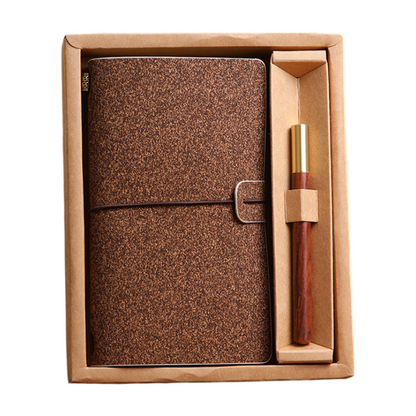 Shiny Brown Retro A6 Travelers Leather Notebook & Wooden Pen Gift Box - Floral Botanical Loose-Leaf Journal with Bronze Charm, Kraft Paper and Lined Paper