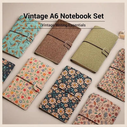 Shiny Green Retro A6 Travelers Leather Notebook & Wooden Pen Gift Box - Floral Botanical Loose-Leaf Journal with Bronze Charm, Kraft Paper and Lined Paper