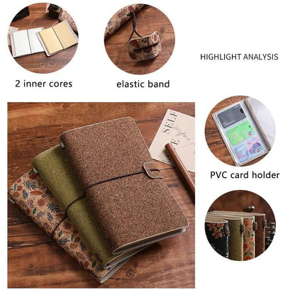 Shiny Green Retro A6 Travelers Leather Notebook & Wooden Pen Gift Box - Floral Botanical Loose-Leaf Journal with Bronze Charm, Kraft Paper and Lined Paper