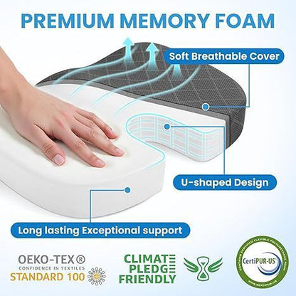 Black Ergonomic Memory Foam U-Shaped Seat Cushion - Breathable Orthopedic Pressure Relief Pillow with ZIpper Cover & Handle (45 x 36 CM)