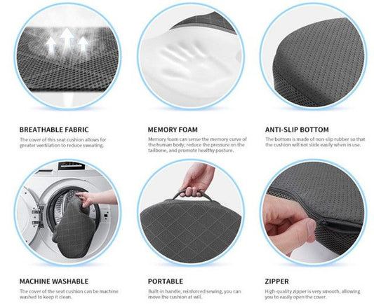 Black Ergonomic Memory Foam U-Shaped Seat Cushion - Breathable Orthopedic Pressure Relief Pillow with ZIpper Cover & Handle (45 x 36 CM)