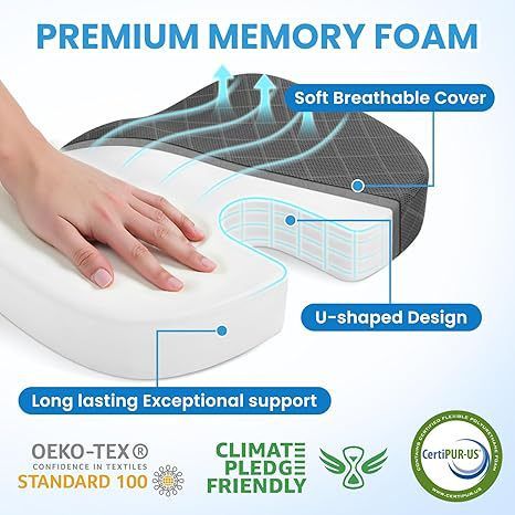 Grey Ergonomic Memory Foam U-Shaped Seat Cushion - Breathable Orthopedic Pressure Relief Pillow with ZIpper Cover & Handle (45 x 36 CM)