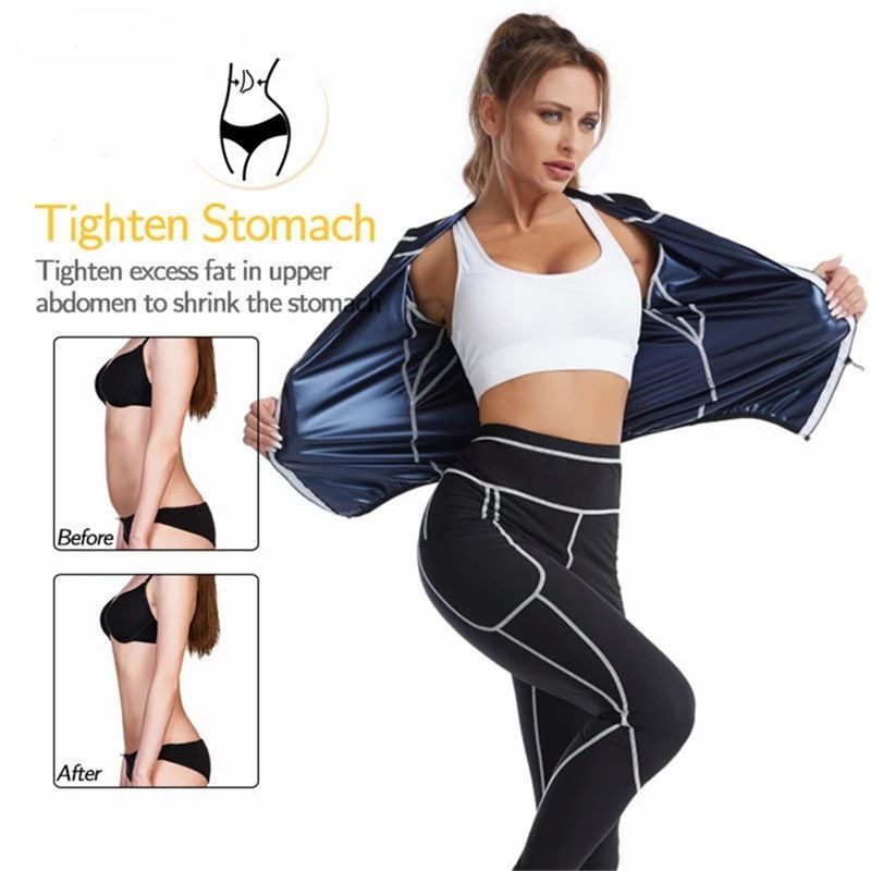 XL Size Black and Blue Women's Workout Sauna Sweat Suit Set: Long Sleeve & Leggings - High Elasticity Compression Shapewear for Weight Loss & Yoga