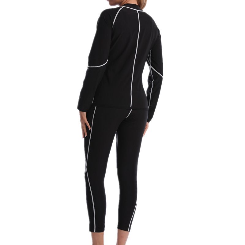 XL Size Black and Blue Women's Workout Sauna Sweat Suit Set: Long Sleeve & Leggings - High Elasticity Compression Shapewear for Weight Loss & Yoga