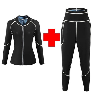 2XL Size Black and Blue Women's Workout Sauna Sweat Suit Set: Long Sleeve & Leggings - High Elasticity Compression Shapewear for Weight Loss & Yoga