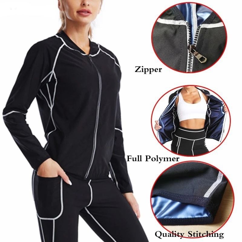 2XL Size Black and Blue Women's Workout Sauna Sweat Suit Set: Long Sleeve & Leggings - High Elasticity Compression Shapewear for Weight Loss & Yoga