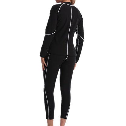 2XL Size Black and Blue Women's Workout Sauna Sweat Suit Set: Long Sleeve & Leggings - High Elasticity Compression Shapewear for Weight Loss & Yoga