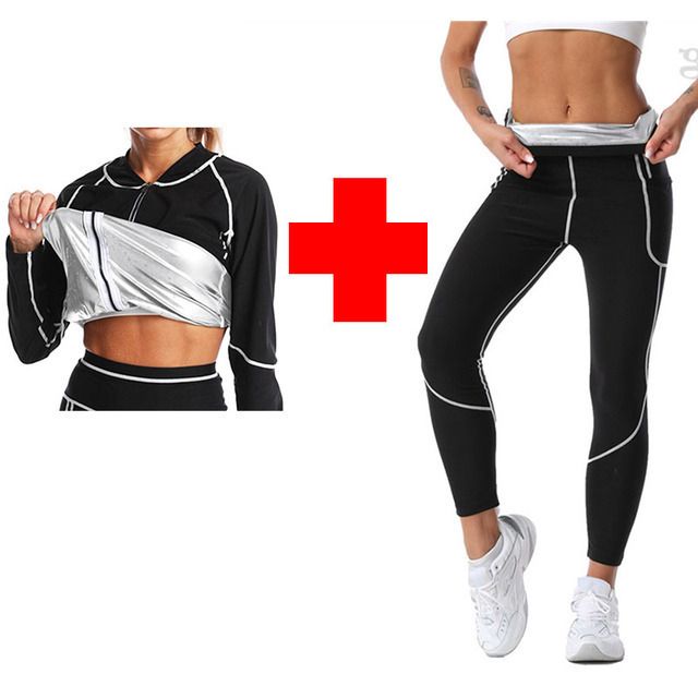 M Size Black and Silver Women's Workout Sauna Sweat Suit Set: Long Sleeve & Leggings - High Elasticity Compression Shapewear for Weight Loss & Yoga