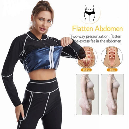 M Size Black and Silver Women's Workout Sauna Sweat Suit Set: Long Sleeve & Leggings - High Elasticity Compression Shapewear for Weight Loss & Yoga