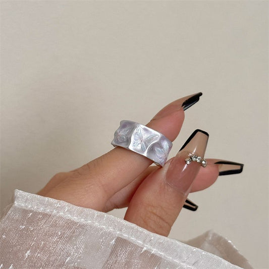 Vintage Camellia Handmade Enamel Wide Metal Ring D with Zirconia Accents - French Style Stackable Floral Band for Women