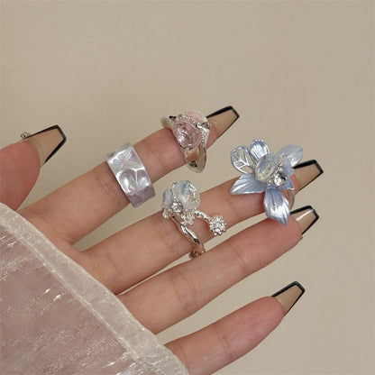 Vintage Camellia Handmade Enamel Wide Metal Ring D with Zirconia Accents - French Style Stackable Floral Band for Women