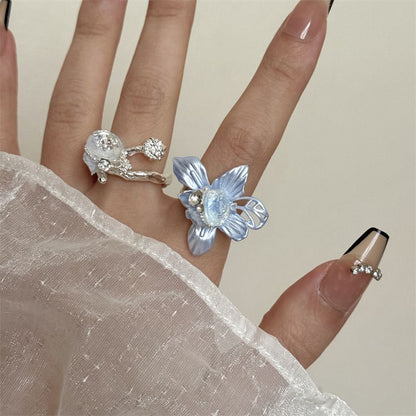 2PCS Vintage Camellia Handmade Enamel Stackable Wide Metal Rings A+B with Zirconia Accents - French Style Stackable Floral Band for Women