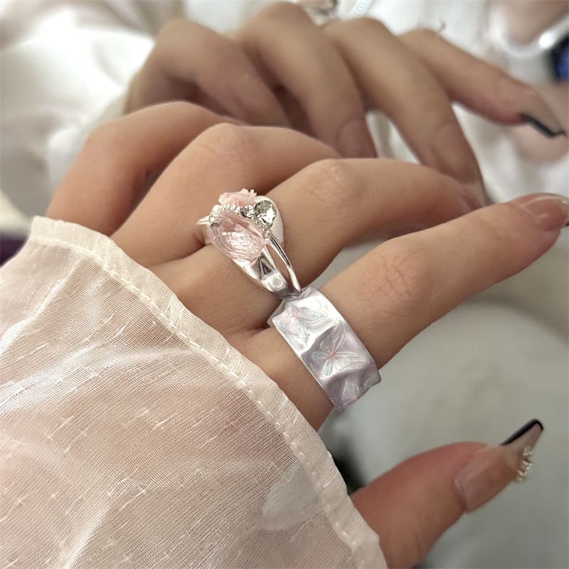 2PCS Vintage Camellia Handmade Enamel Stackable Wide Metal Rings C+D with Zirconia Accents - French Style Stackable Floral Band for Women