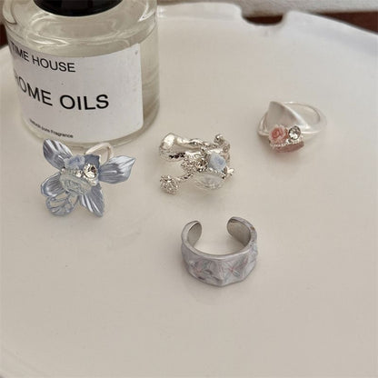 4PCS Vintage Camellia Handmade Enamel Stackable Wide Metal Rings A+B+C+D with Zirconia Accents - French Style Stackable Floral Band for Women