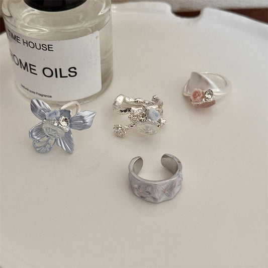 4PCS Vintage Camellia Handmade Enamel Stackable Wide Metal Rings A+B+C+D with Zirconia Accents - French Style Stackable Floral Band for Women