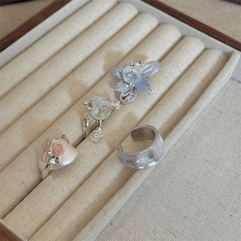 4PCS Vintage Camellia Handmade Enamel Stackable Wide Metal Rings A+B+C+D with Zirconia Accents - French Style Stackable Floral Band for Women
