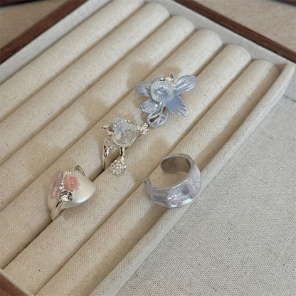 4PCS Vintage Camellia Handmade Enamel Stackable Wide Metal Rings A+B+C+D with Zirconia Accents - French Style Stackable Floral Band for Women