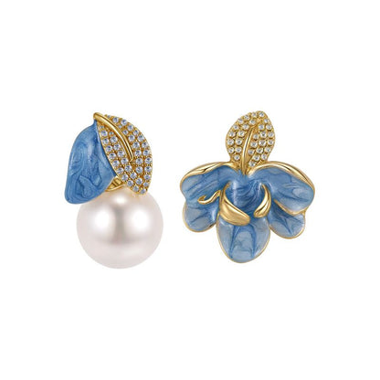 Luxury Porcelain Blue Gold Enamel Flower Pearl Earrings with Sparkling Zirconia - Vintage S925 Hypoallergenic Sterling Silver Needle